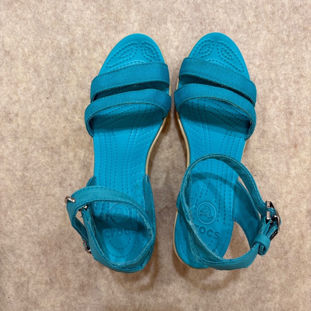 CROCS Leigh II Double Strap Wedge Comfort Sandal Teal Turquoise Womens size 8 - Picture 7 of 14